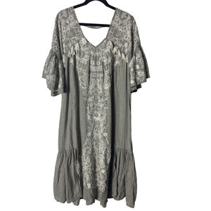 Anthropologie Maeve Tisdale Embroidered Boho Tassel Midi Dress in grey size 2